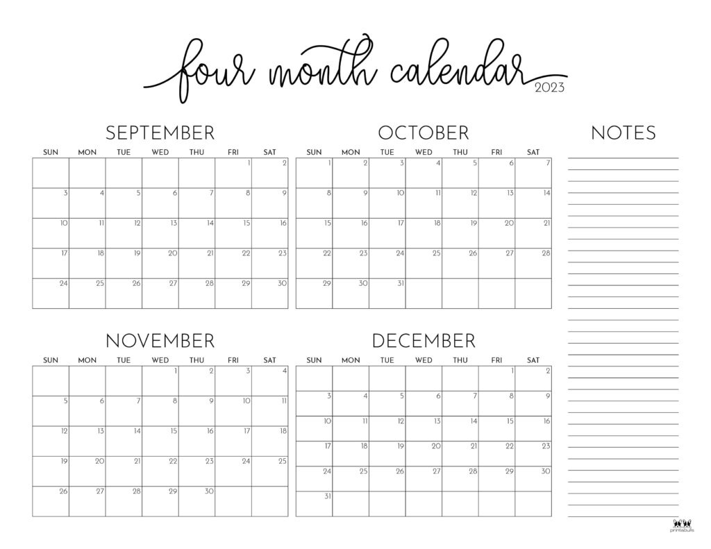 2023 Four Month Calendars - 18 Free Printables | Printabulls for 2025 Printable Calendar 4 Months Per Page