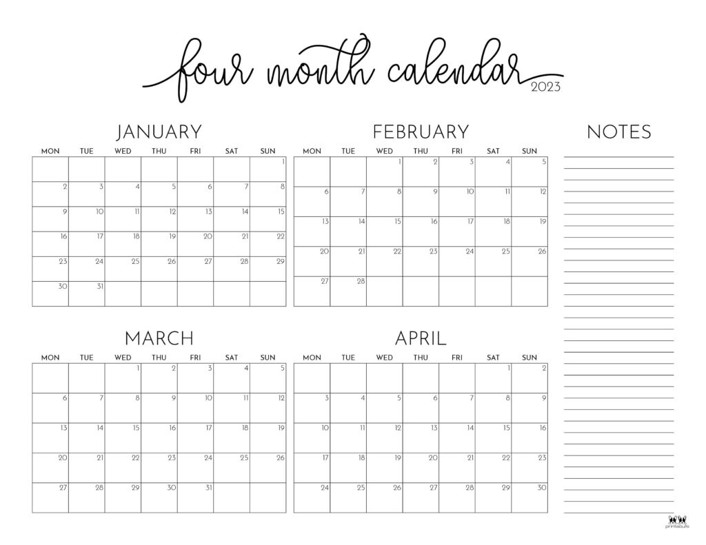 2023 Four Month Calendars - 18 Free Printables | Printabulls within 4 Month Calendar Printable 2025