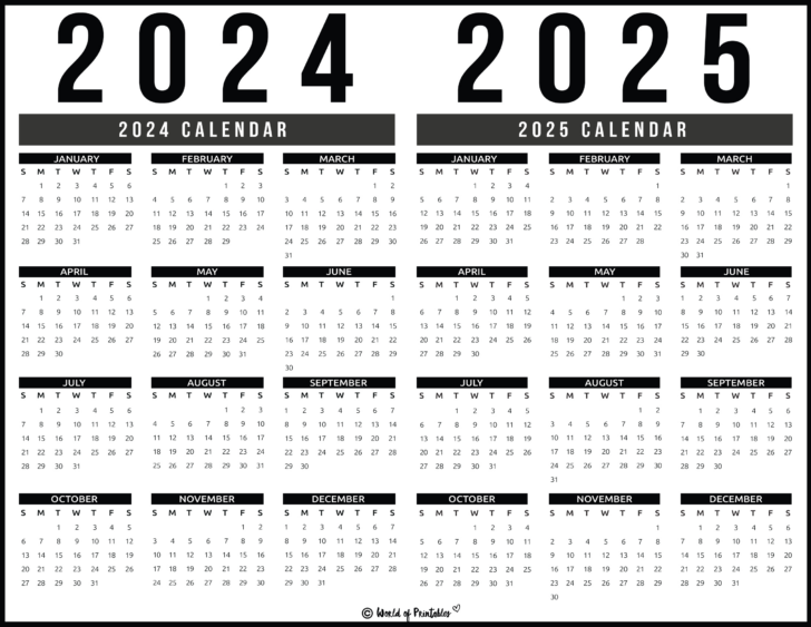 Yearly Calendar 2024 and 2025 Printable