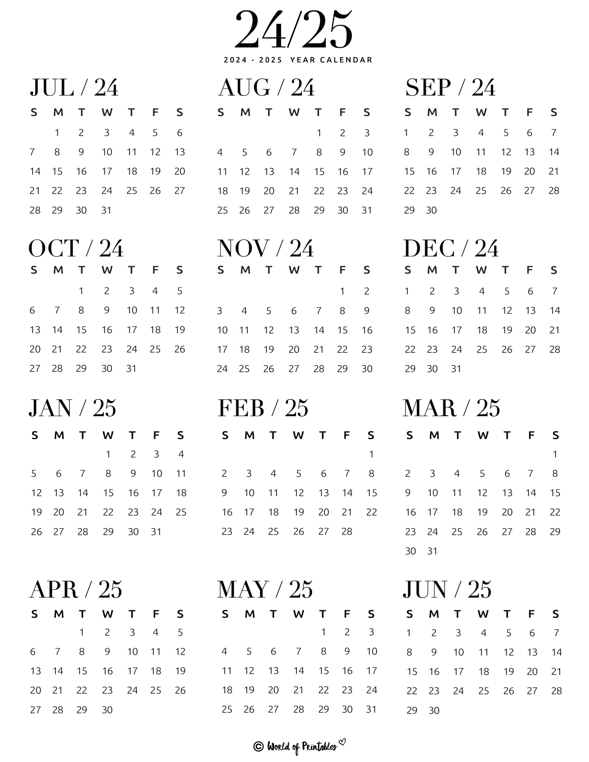 2024 2025 Calendar Free Printables - World Of Printables throughout Printable 2024 2025 Calendar Printable