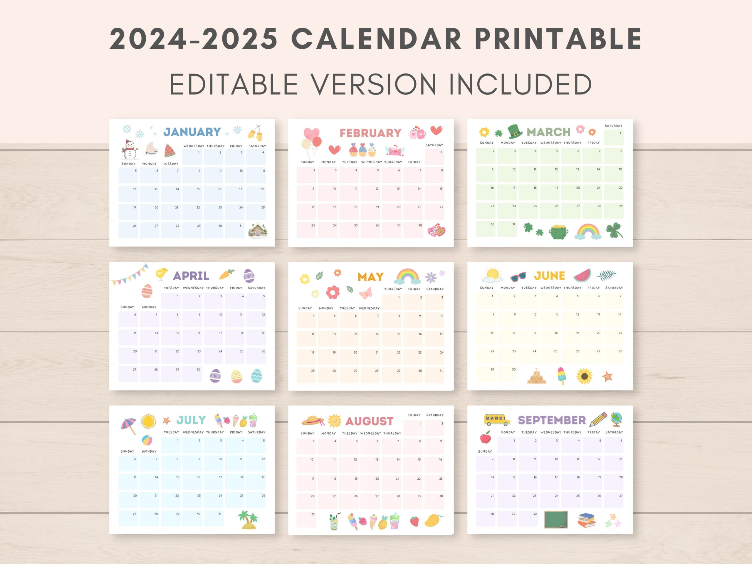 2024-2025 Calendar Printable, Printable Calendar, Editable in August 2024-May 2025 Calendar Printable