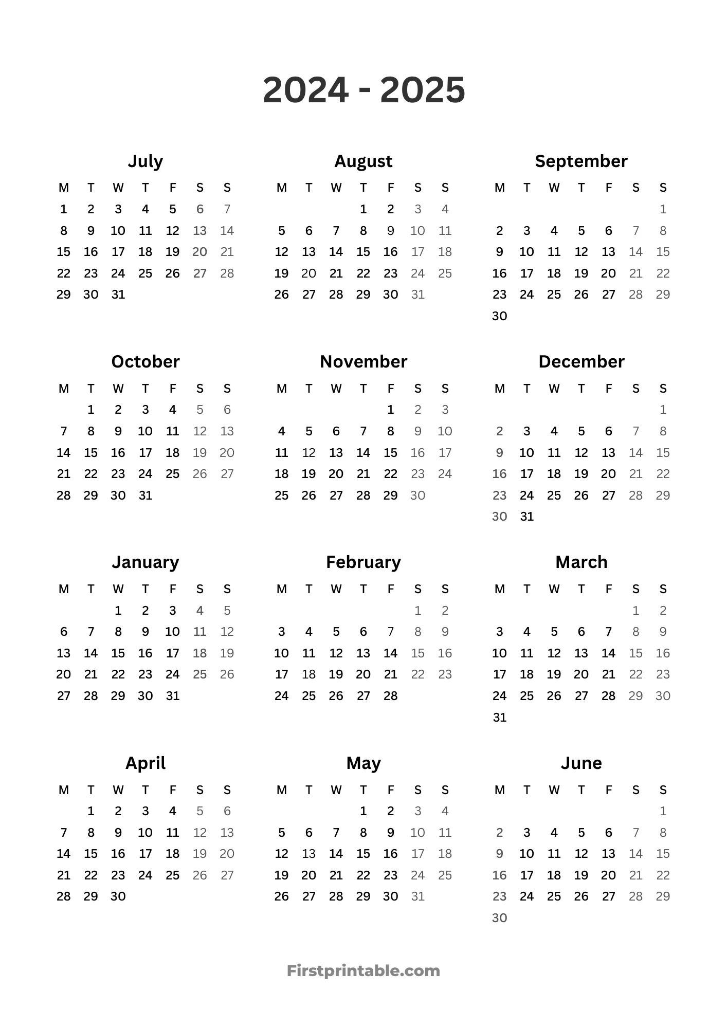 2024-2025 Calendar Printables | Free Pdf for Printable Calendar 2024 - 2025