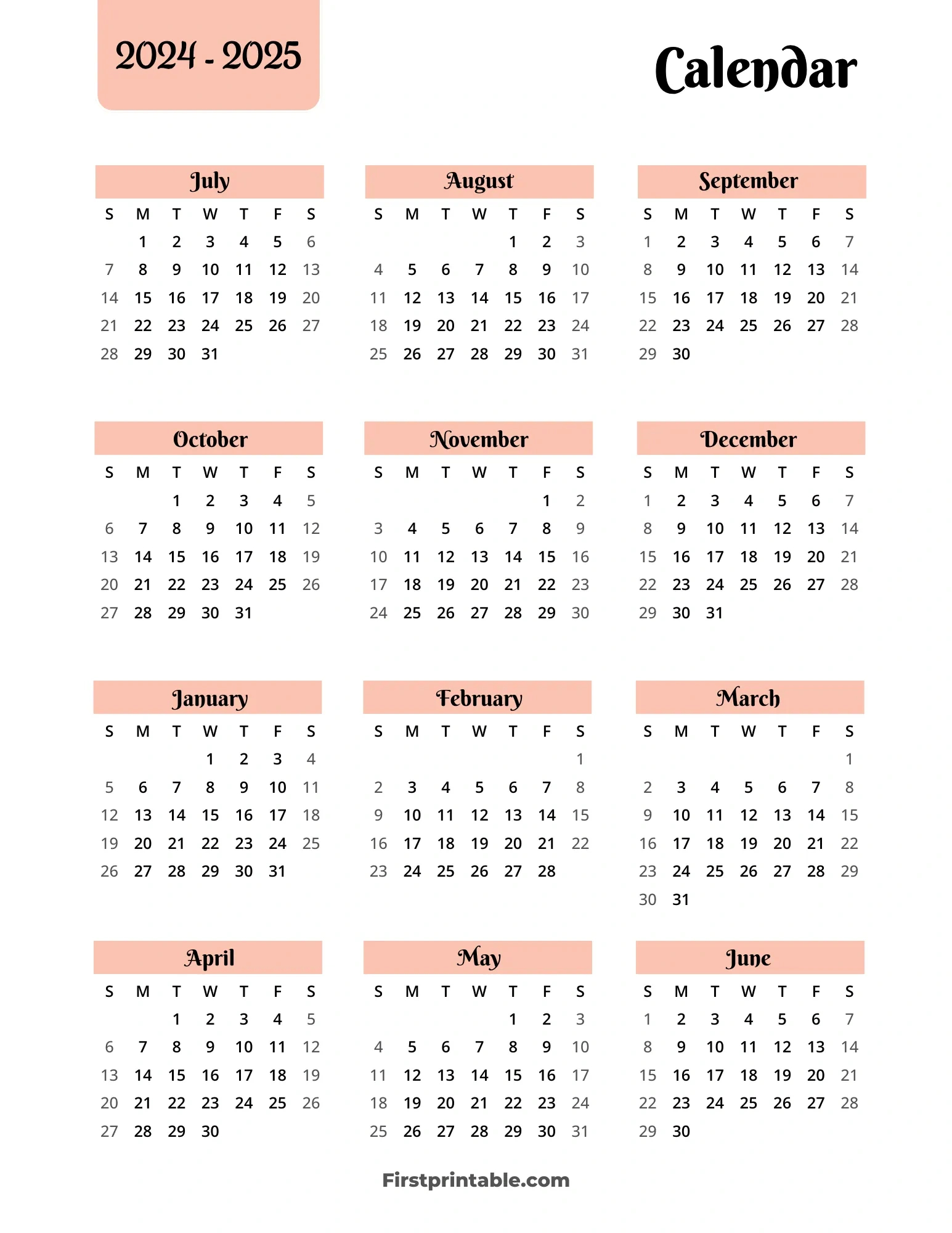 2024-2025 Calendar Printables | Free Pdf pertaining to Printable 2024-25 Calendar