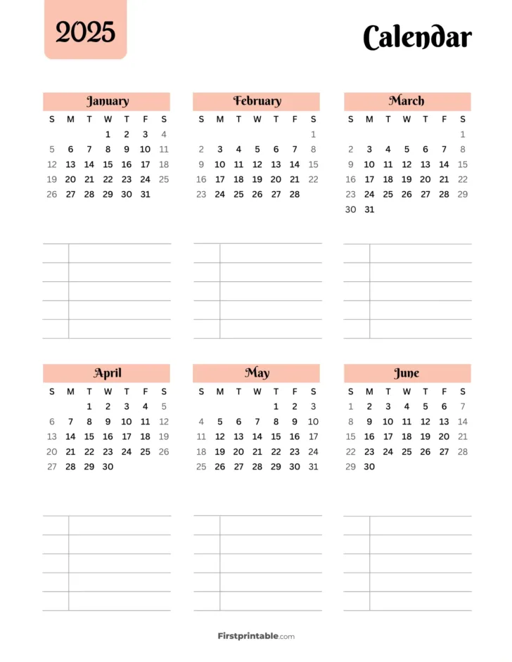 January to June 2025 Calendar Printable