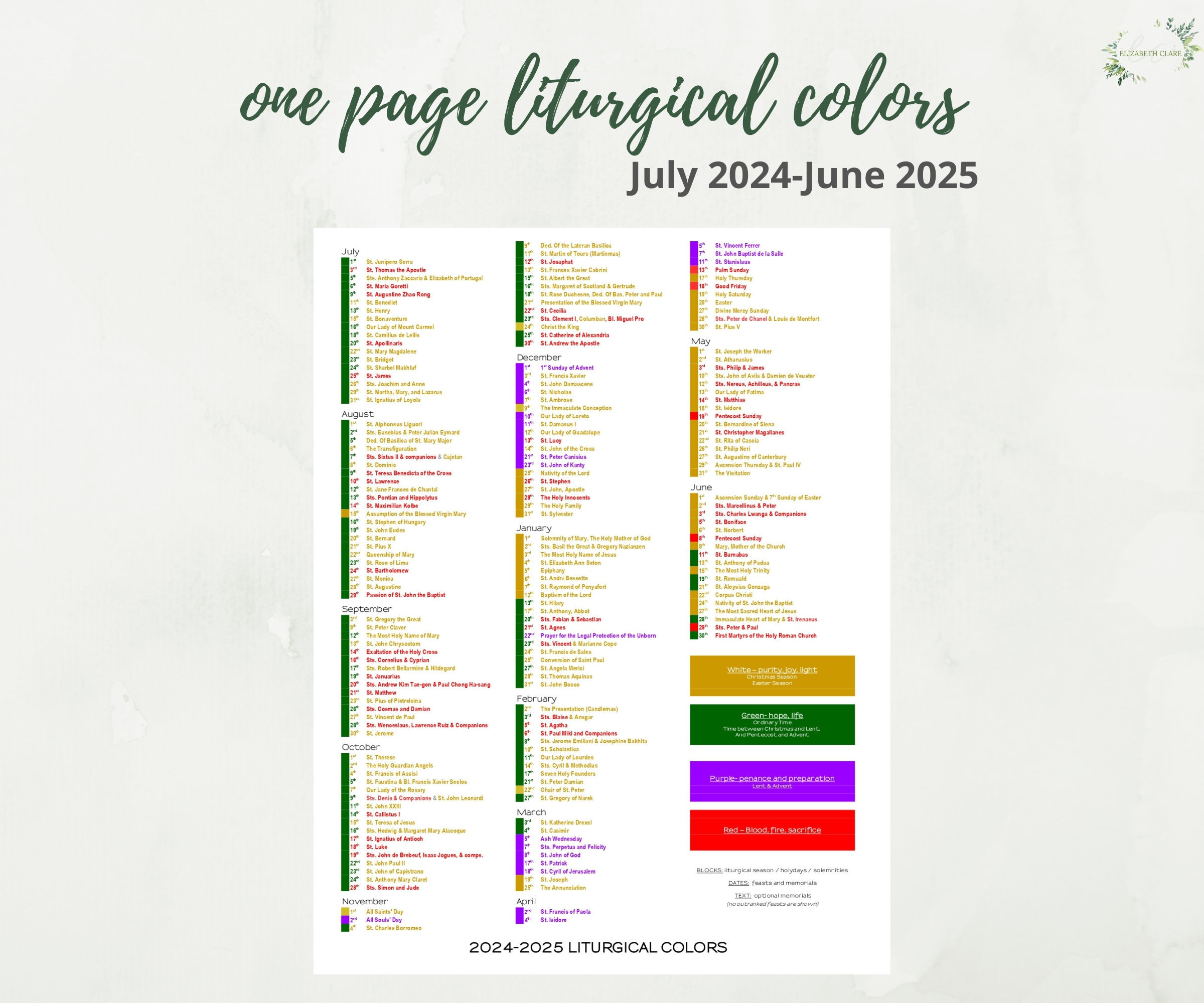 2024-2025 Catholic Liturgical Calendar Year At A Glance for Liturgical Color Calendar 2025 Printable