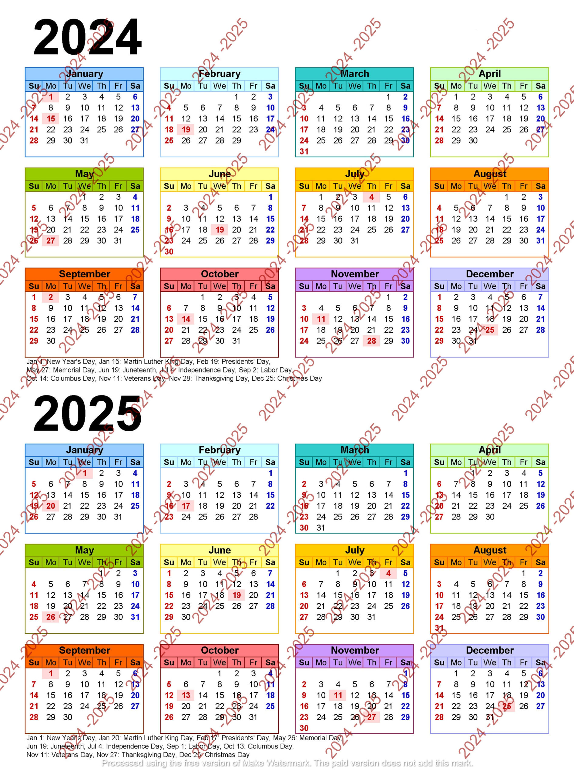 2024-2025 Colorful Calendar Printable, Yearly Calendar, 12-Months for 2024/2025 Calendar Printable