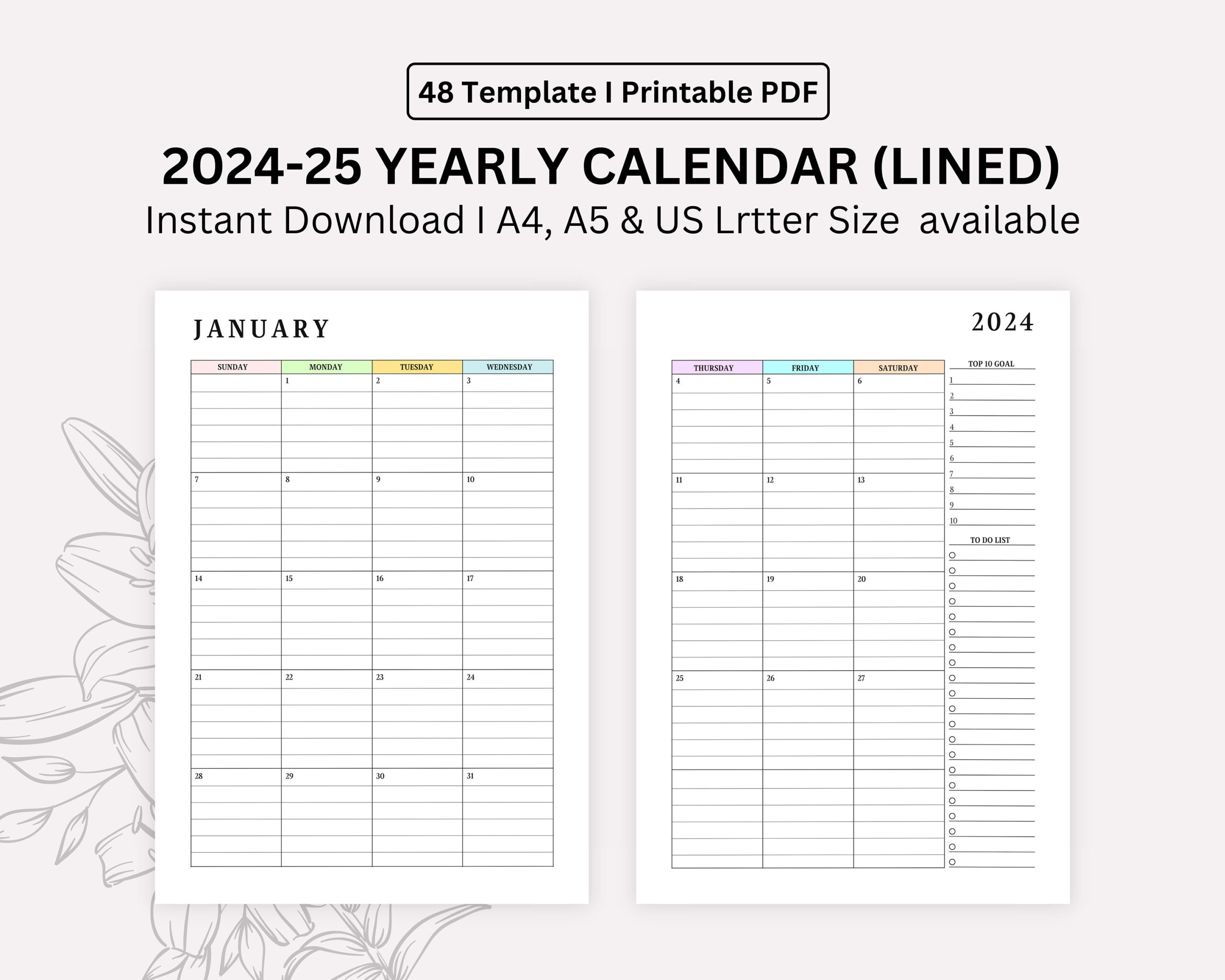 2024, 2025 Monthly Lined Calendar Printable, Dated Month On 2 with 2025 Printable Calendar by Month with Lines