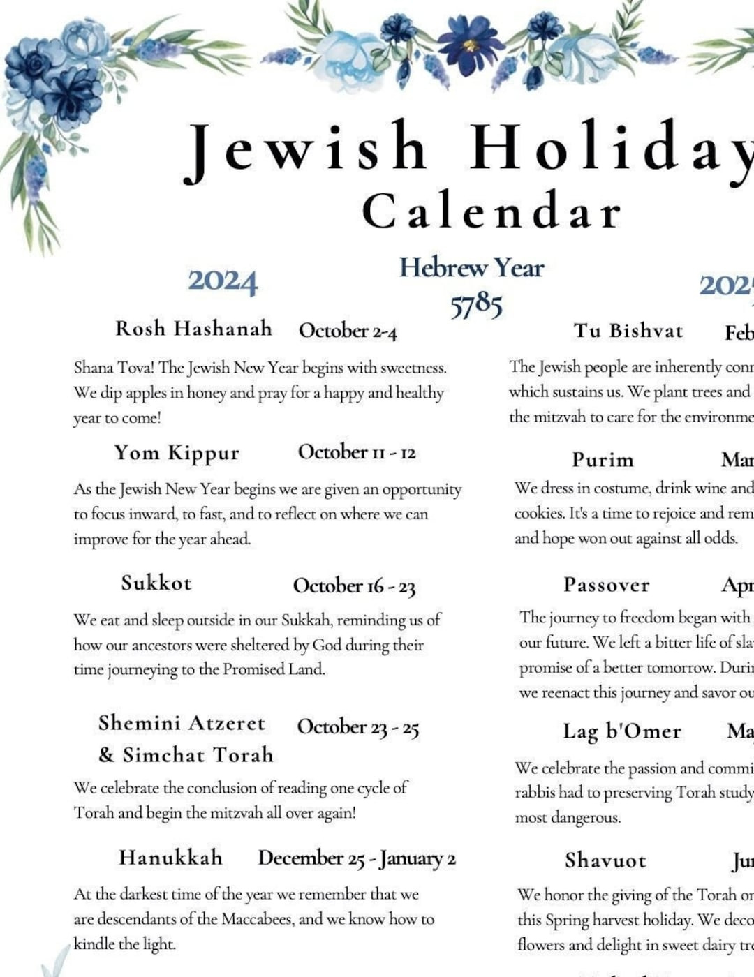 2024-2025 New Jewish Holiday Calendar Hebrew Calendar 5785 Rosh inside Jewish Holidays 2025 Calendar Printable