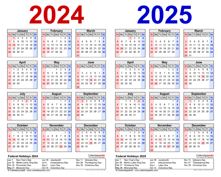 2024 and 2025 Calendar with Holidays Printable Free