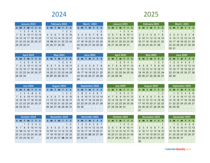 2024 and 2025 Calendar with Holidays Printable