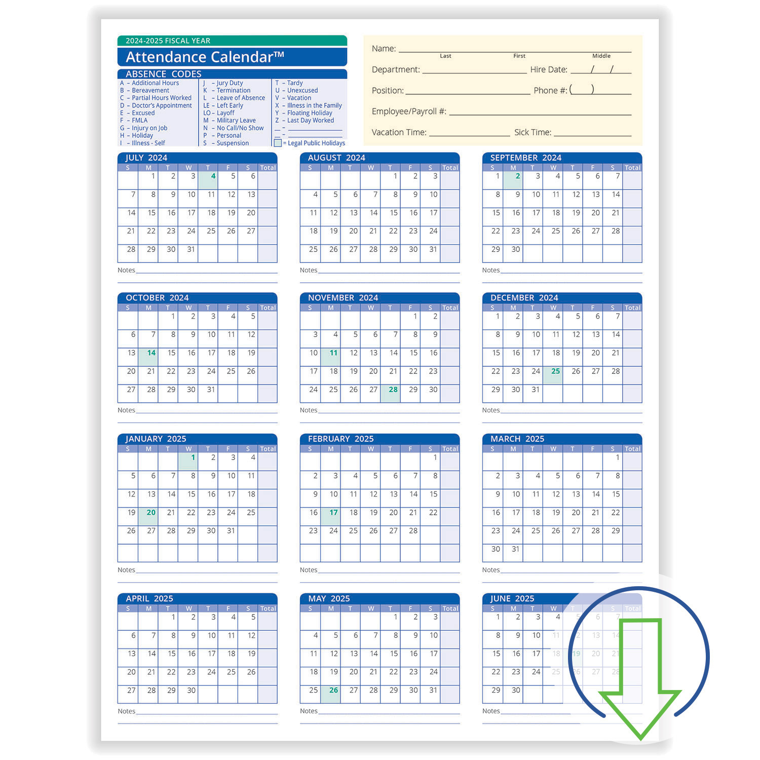 2024 Downloadable Fiscal Year Employee Attendance Calendar | Hrdirect within Free Printable 2025 Employee Attendance Calendar Free Download