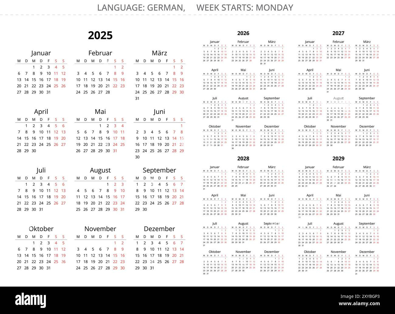 2025, 2026, 2027, 2028, 2029 Year Vertical German Calendars regarding 3 Year Calendar 2025 to 2026 Printable