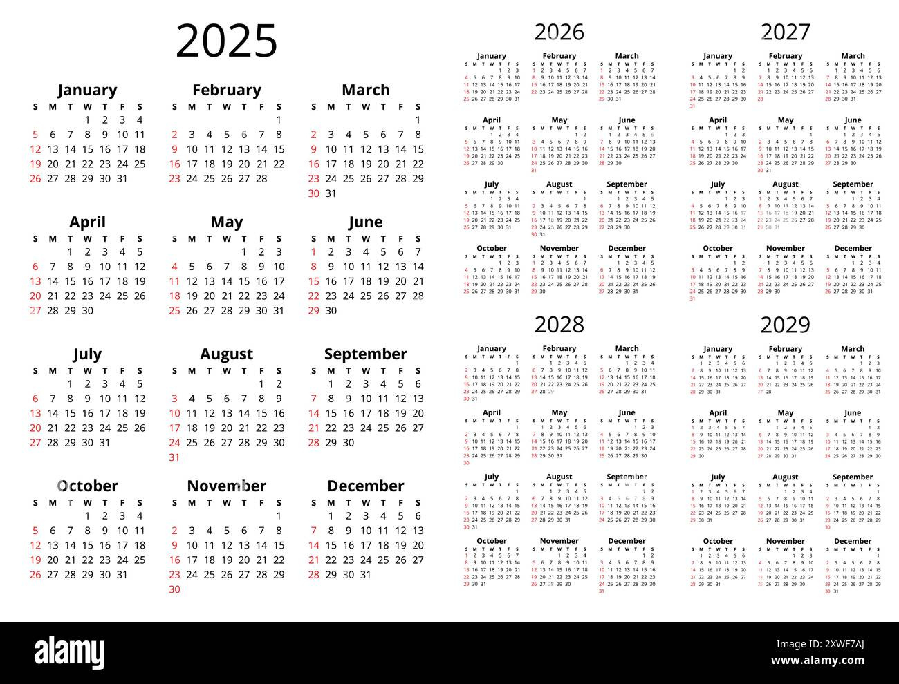 2025, 2026, 2027, 2028, 2029 Years English Calendars With 12 with 5 Year Calendar 2025 to 2029 Printable