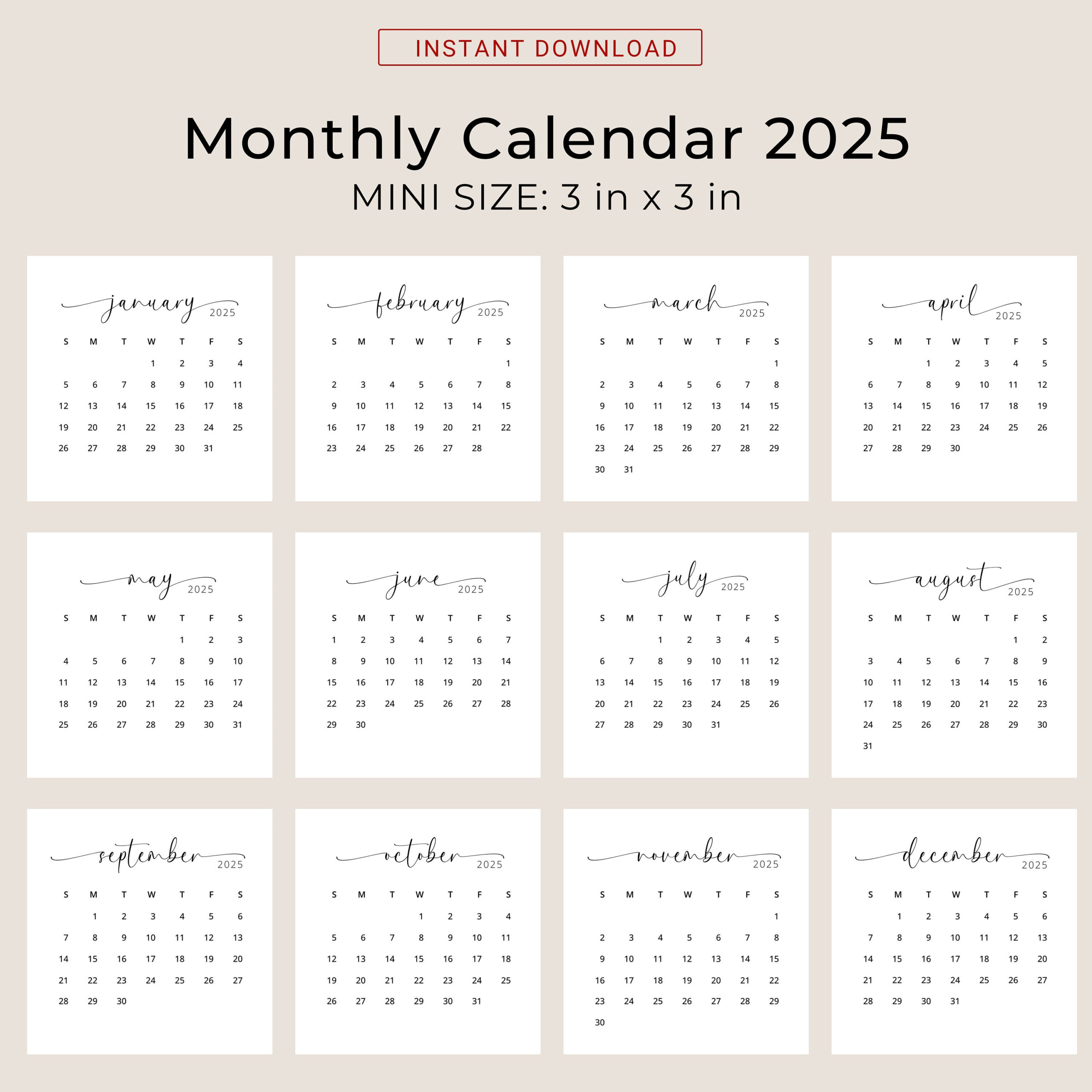 2025 3X3 Mini Calendar 2025 Calendar Card 2025 Pocket Calendar Elegant Printable Calendar Mini 3X3 Inch Calendar Pdf Sunday &amp;amp; Monday Start for Small Calendar 2025 Printable