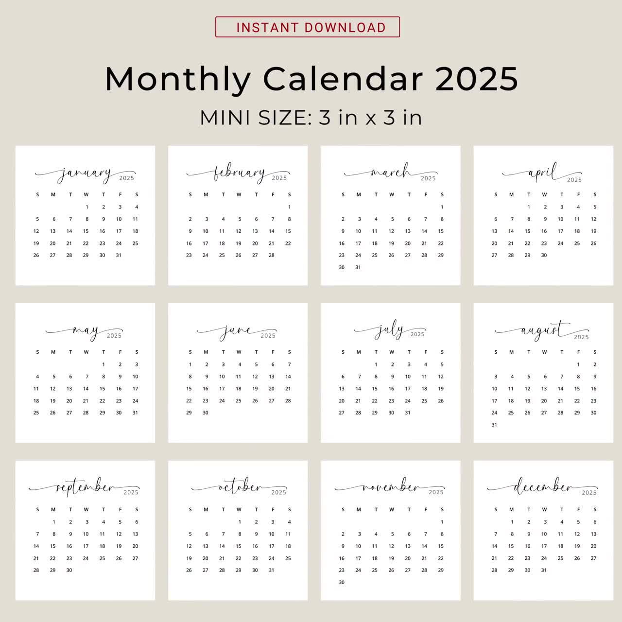 2025 3X3 Mini Calendar 2025 Calendar Card 2025 Pocket Calendar Elegant Printable Calendar Mini 3X3 Inch Calendar Pdf Sunday &amp;amp; Monday Start intended for 2025 Pocket Calendar Printable