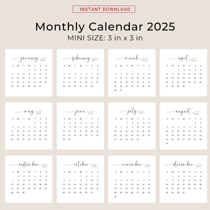 Mini Printable Calendar 2025