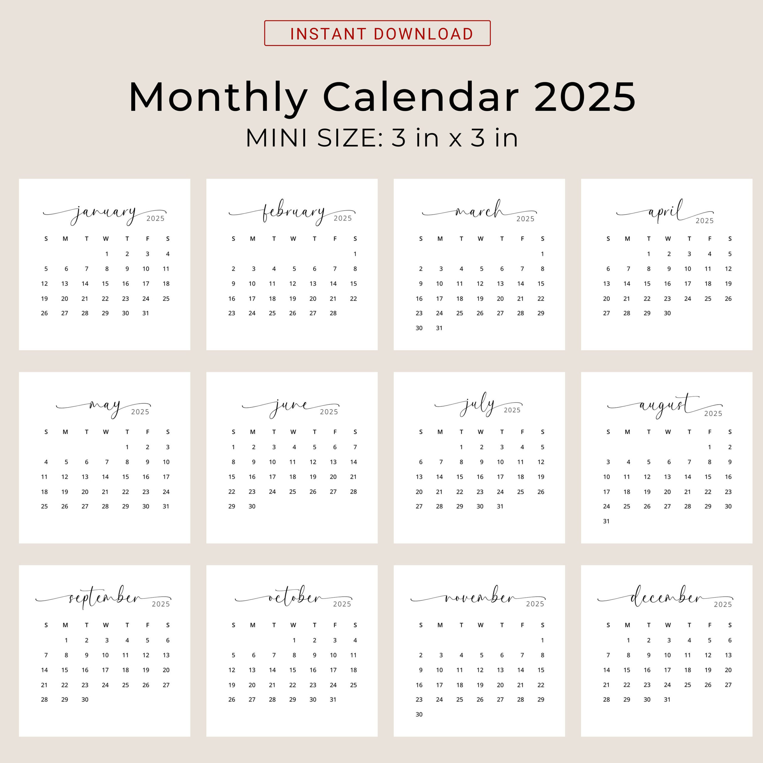 2025 3X3 Mini Calendar 2025 Calendar Card 2025 Pocket Calendar Elegant Printable Calendar Mini 3X3 Inch Calendar Pdf Sunday &amp;amp; Monday Start within Mini Monthly Calendar Printable 2025