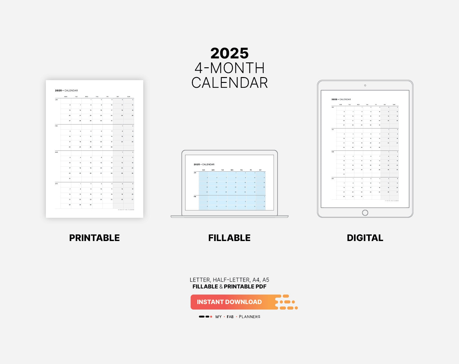 2025 4-Month Calendar, Fillable Dream Life &amp;amp; Work Productivity in 4 Month Calendar 2025 Printable