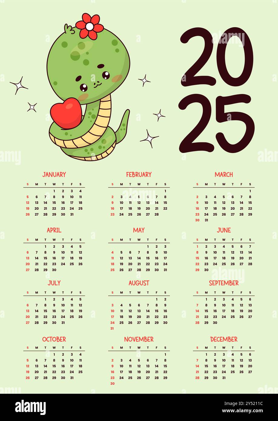 2025 Annual Calendar. Cute Snake Girl With Heart. Funny Kawaii with regard to Funny Printable Calendar 2025