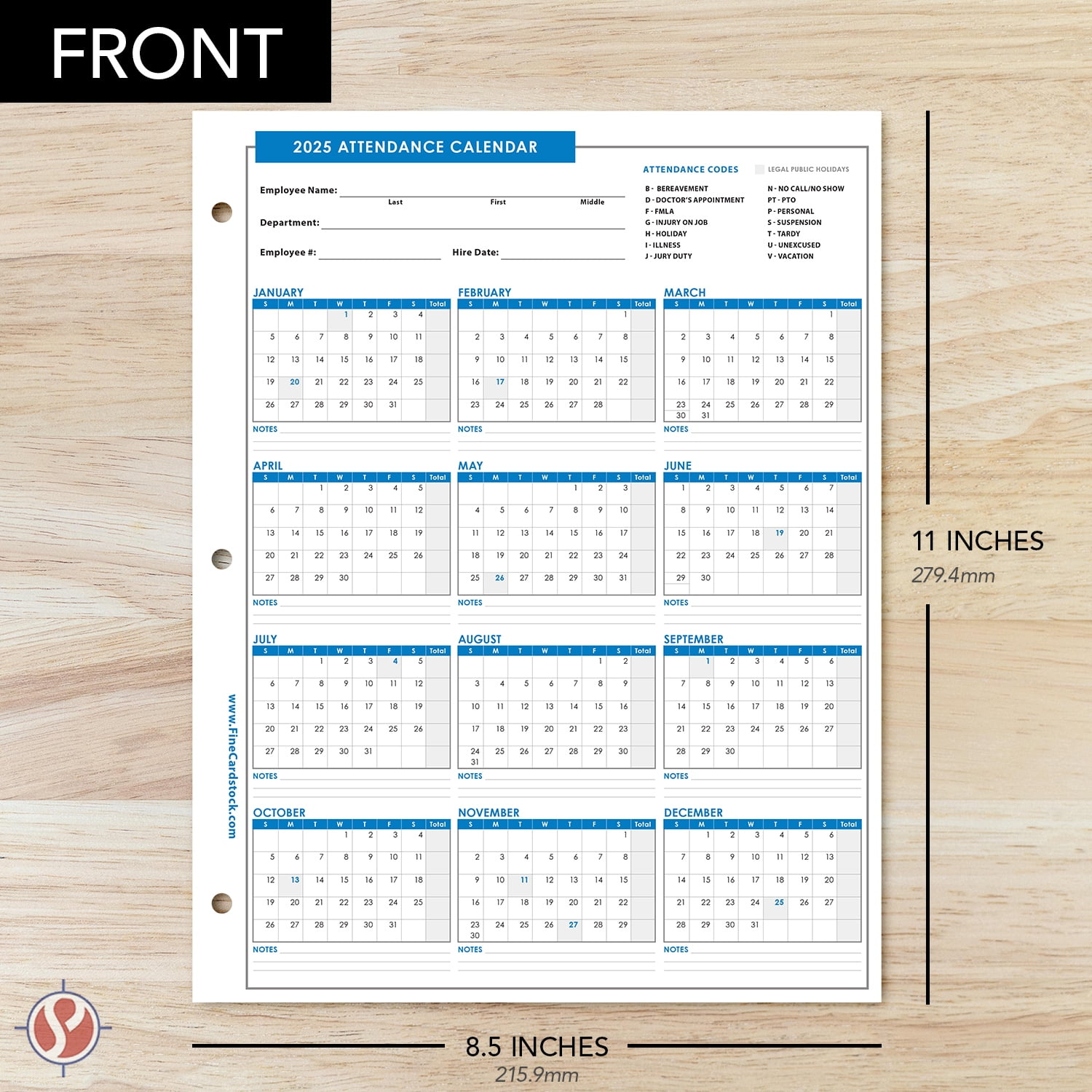 2025 Attendance Calendar Card Stock Paper – Great Employee Work Tracker | Printed On Durable And Thick 80Lb (216Gsm) Cardstock | 8 ½ X 11 | 25 Sheets for Attendance Calendar 2025 Printable Free