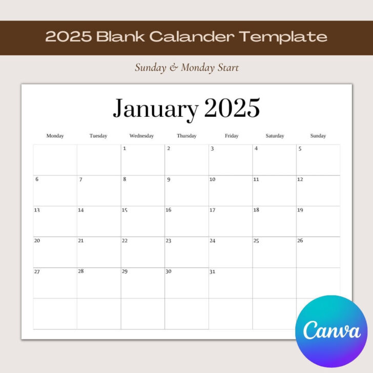 2025 Blank Monthly Calendar Printable