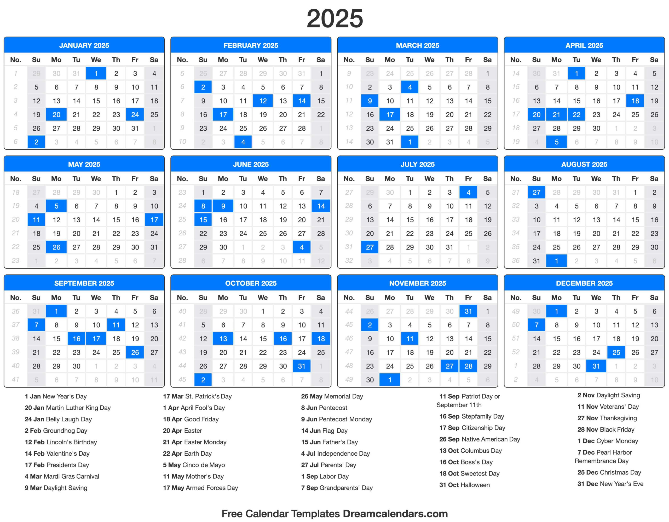 2025 Calendar for Yearly Calendar 2025 Printable with Holidays