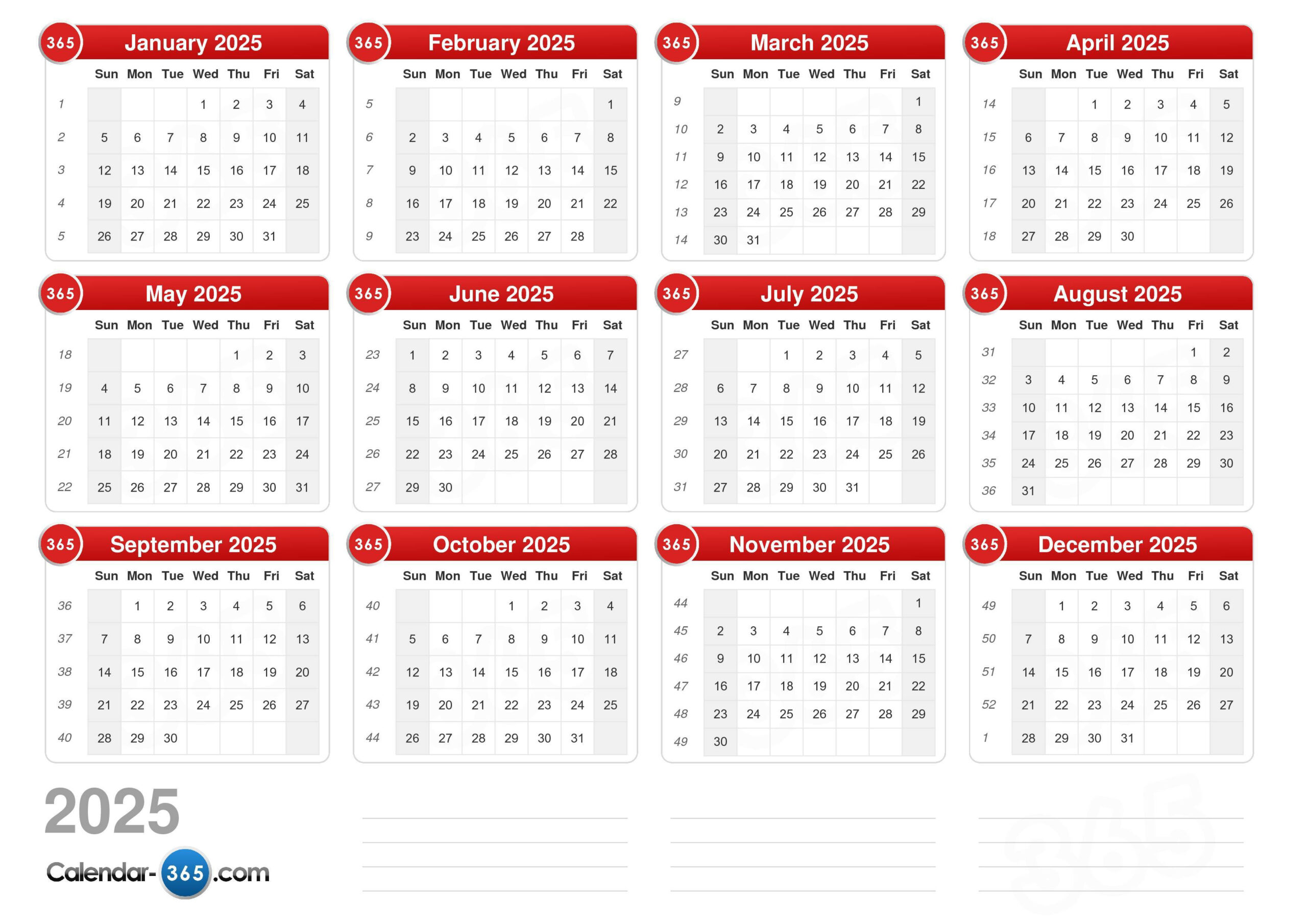 2025 Calendar inside 2025 Calendar with Week Numbers Printable Free