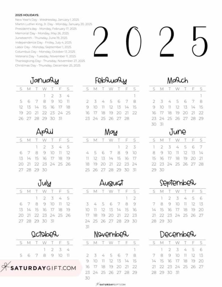 Full Year 2025 Calendar Printable