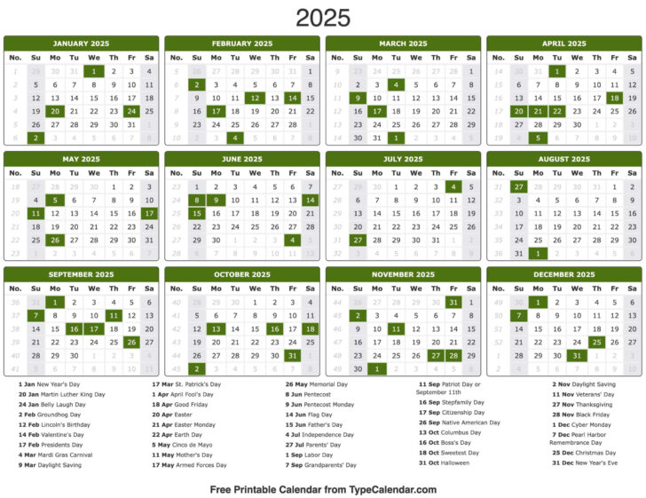 Calendar 2025 Printable with Holidays