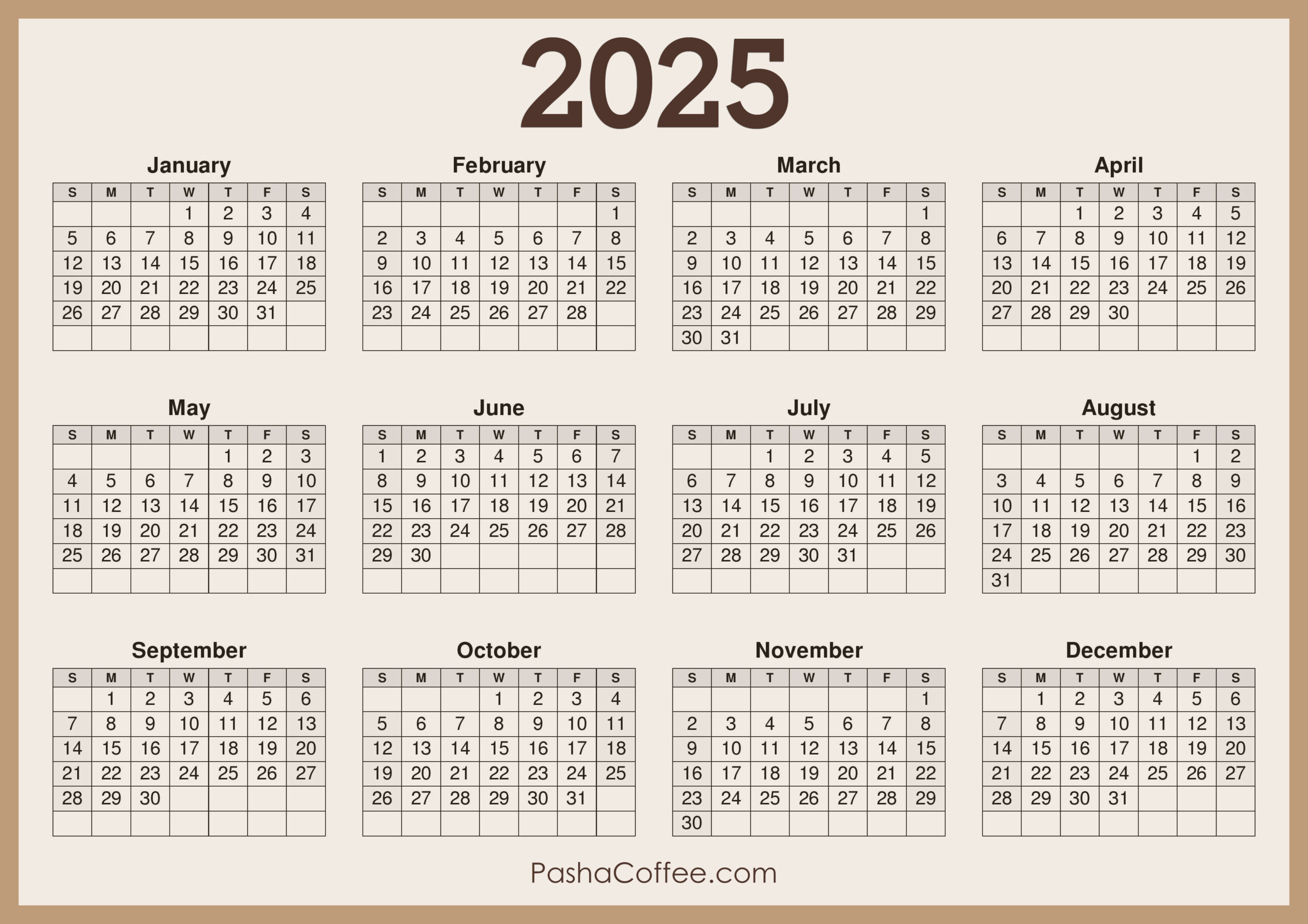 2025 Calendar Printable Free, Horizontal, Beige – Pashacoffee with regard to 2025 Desk Calendar Printable Free