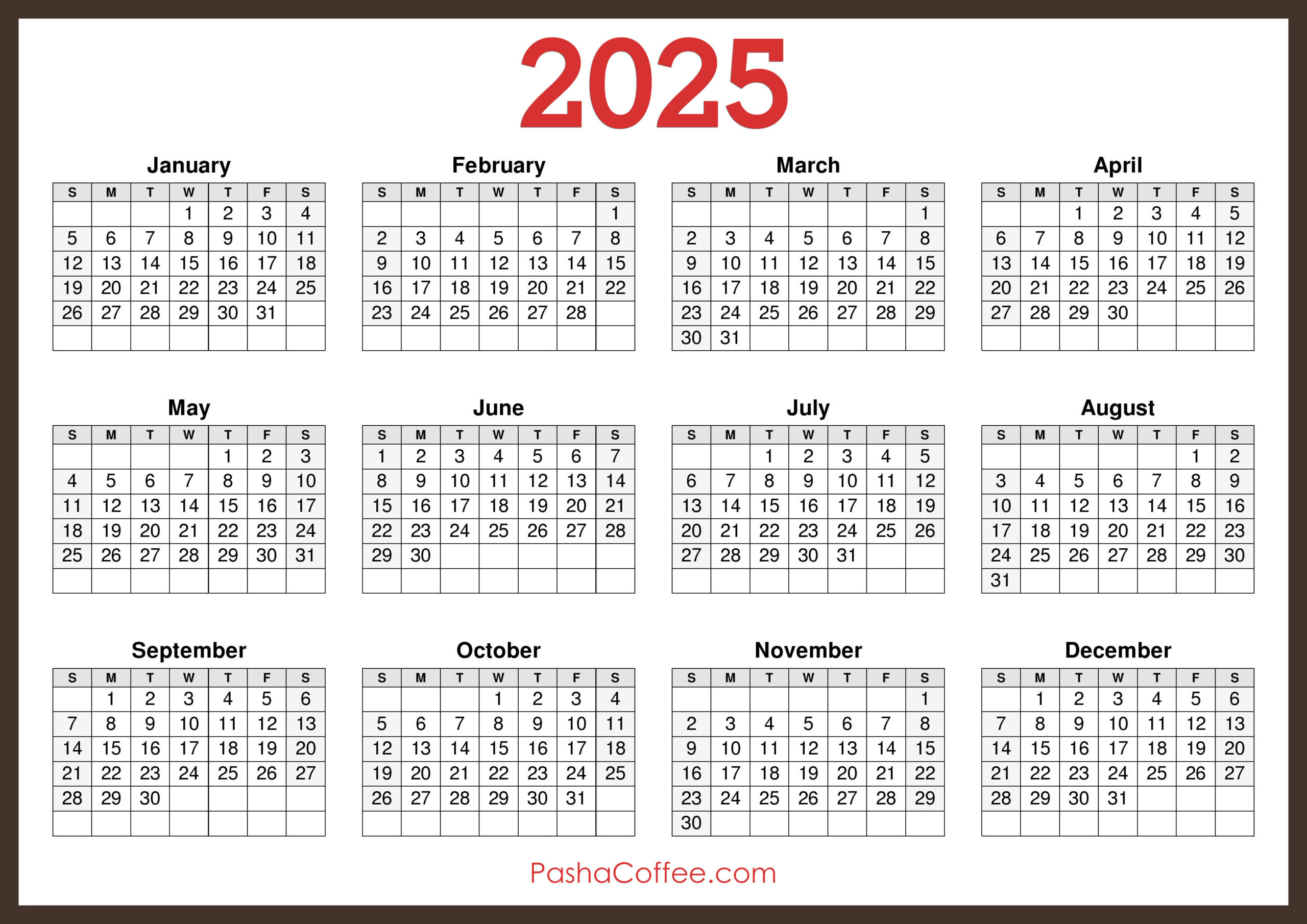 2025 Calendar Printable Free, Horizontal, Brown – Pashacoffee throughout 2025 Calendar 8 5 X 11 Printable Free