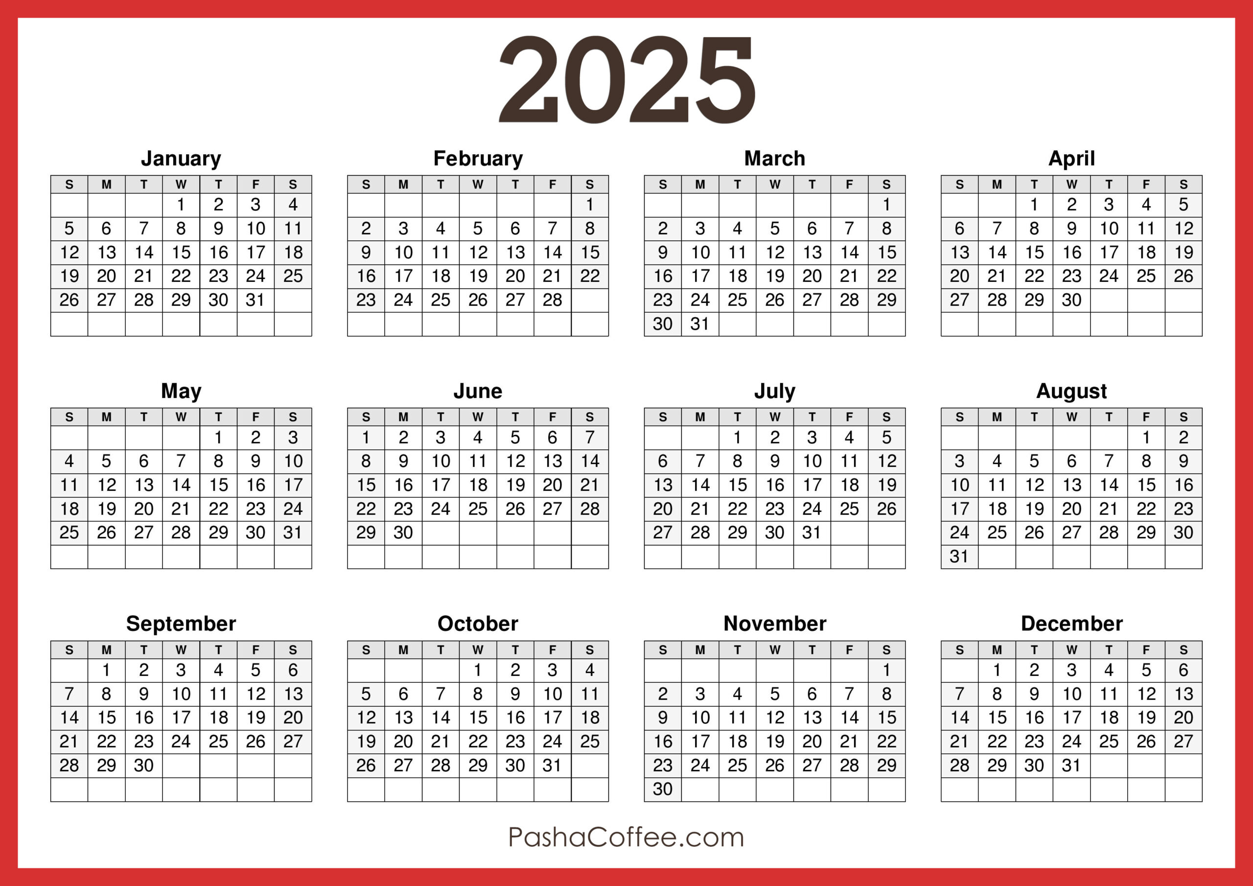 2025 Calendar Printable Free, Horizontal, Red – Pashacoffee in Horizontal 2025 Calendar Printable