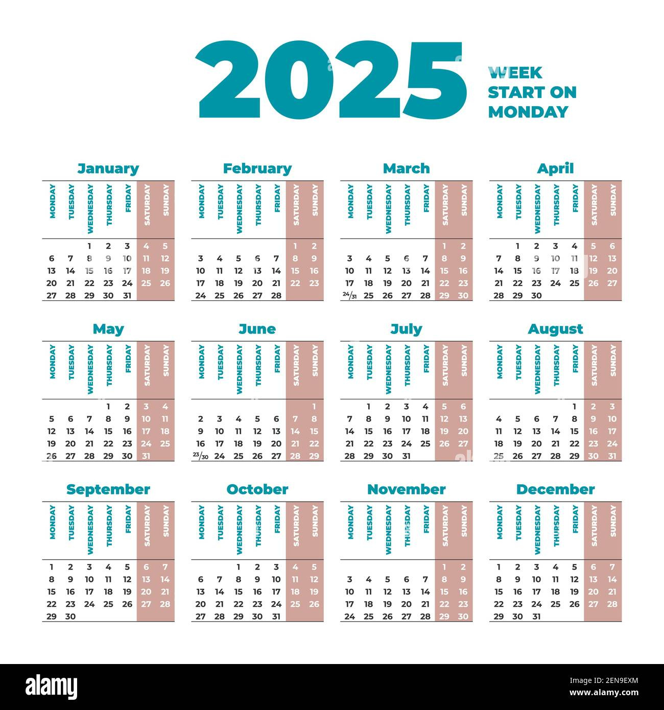 2025 Calendar Template With Weeks Start On Monday Stock Vector for Printable Calendar 2025 Week Starting Monday