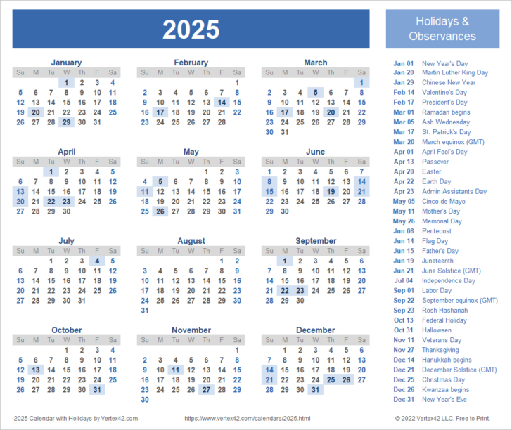 2025 Printable Calendar with Holidays Free Download