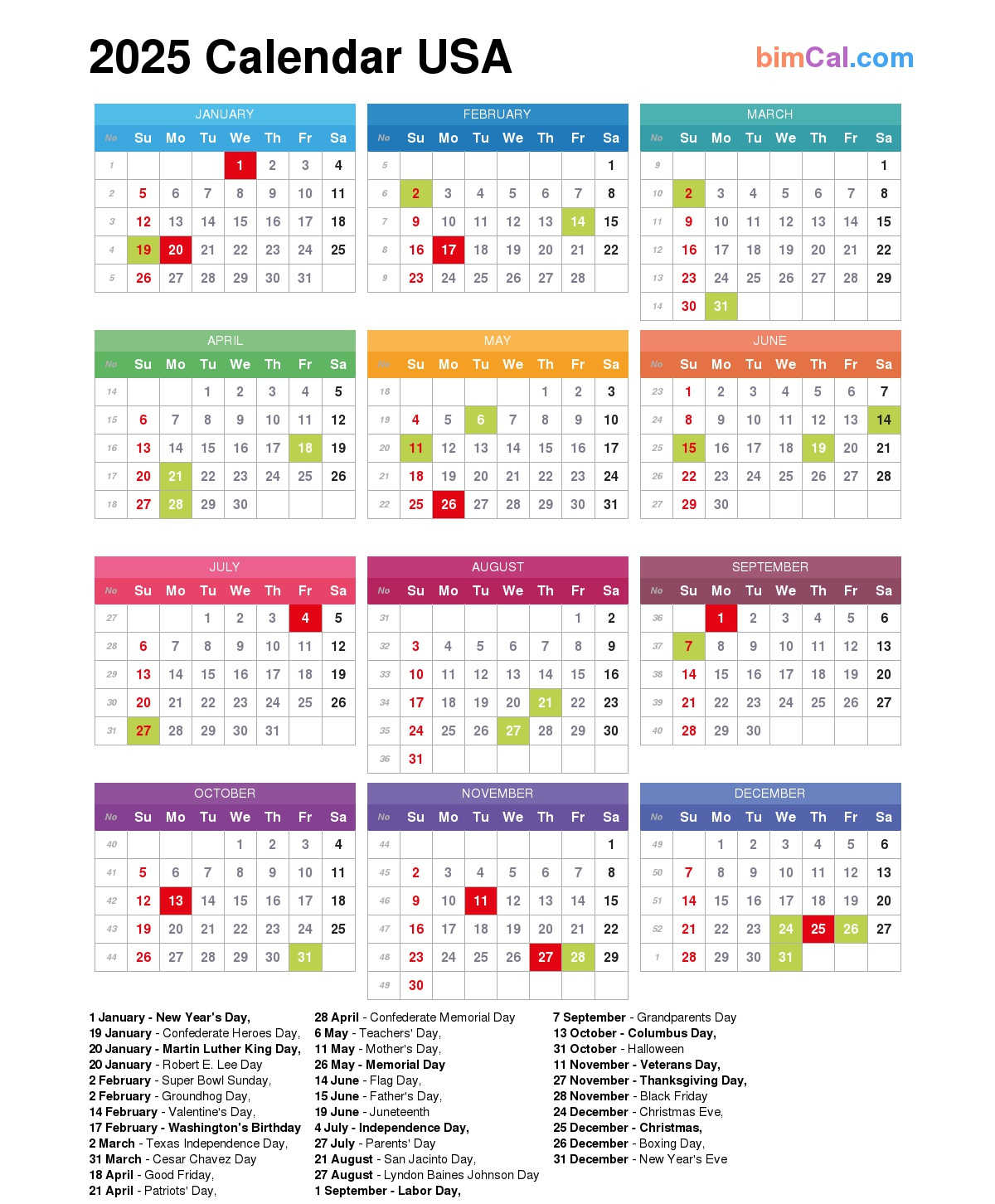 2025 Calendar Usa - Bimcal inside 2025 Us Calendar Printable