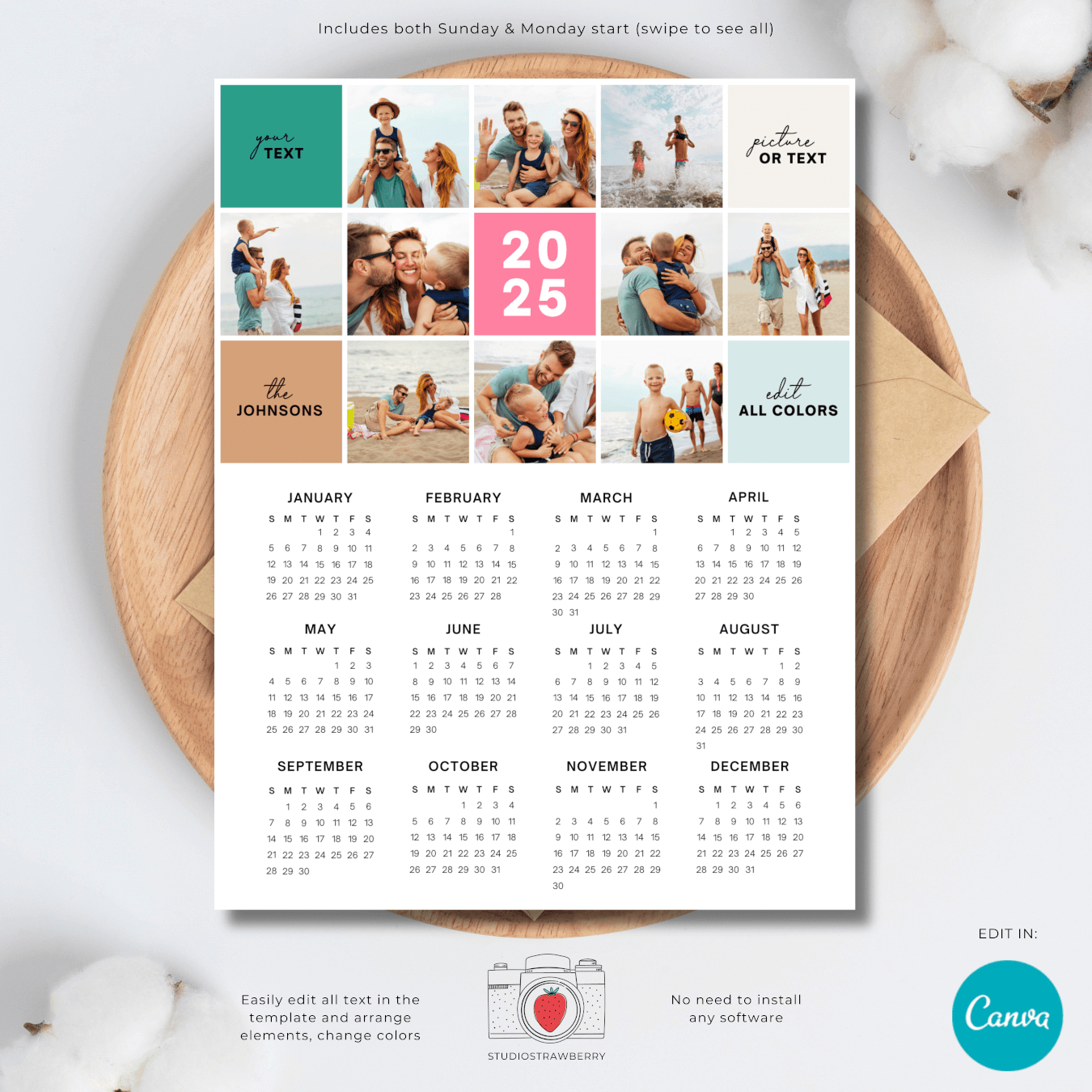 2025 Calendar With Customizable Grid Photo Collage – Strawberry Kit regarding Printable Family Calendar 2025