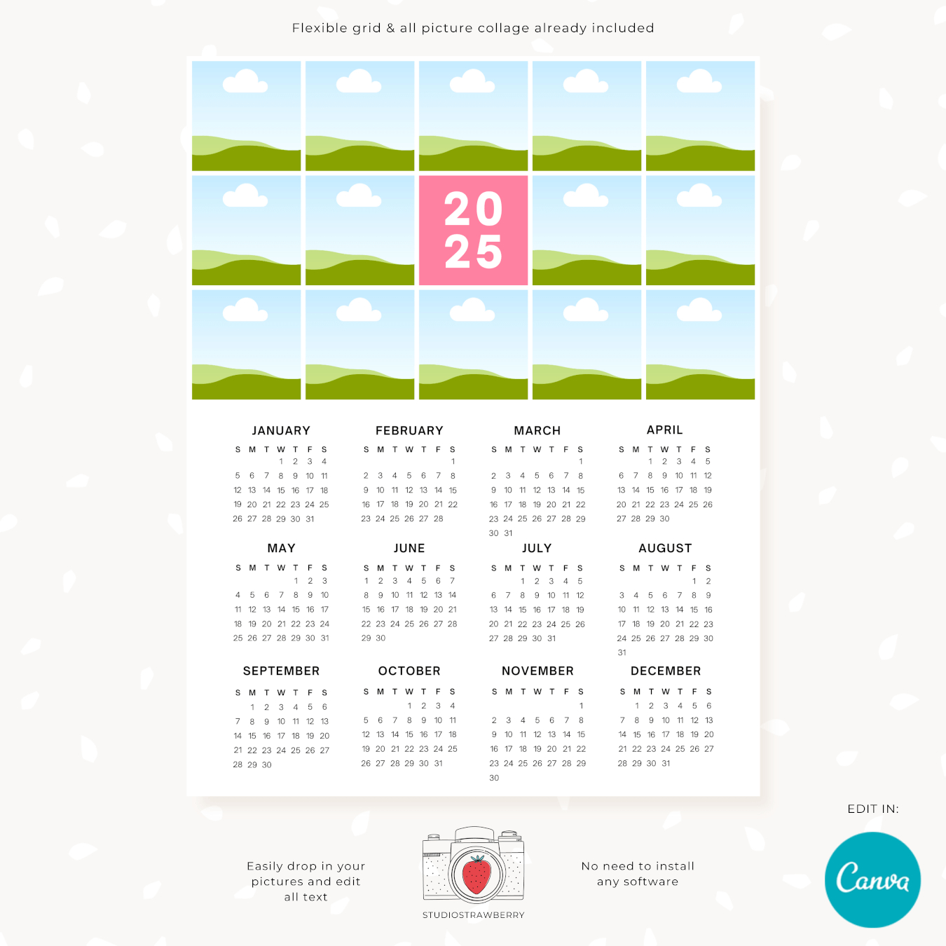 2025 Calendar With Customizable Grid Photo Collage – Strawberry Kit with regard to Printable Custom Calendar 2025