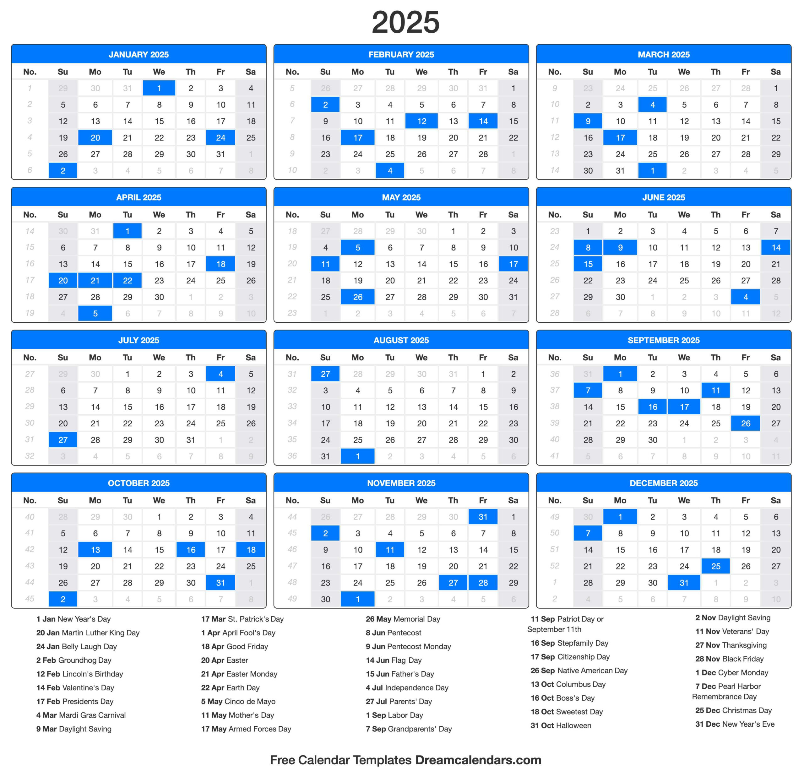 2025 Calendar with Daily Calendar 2025 Printable