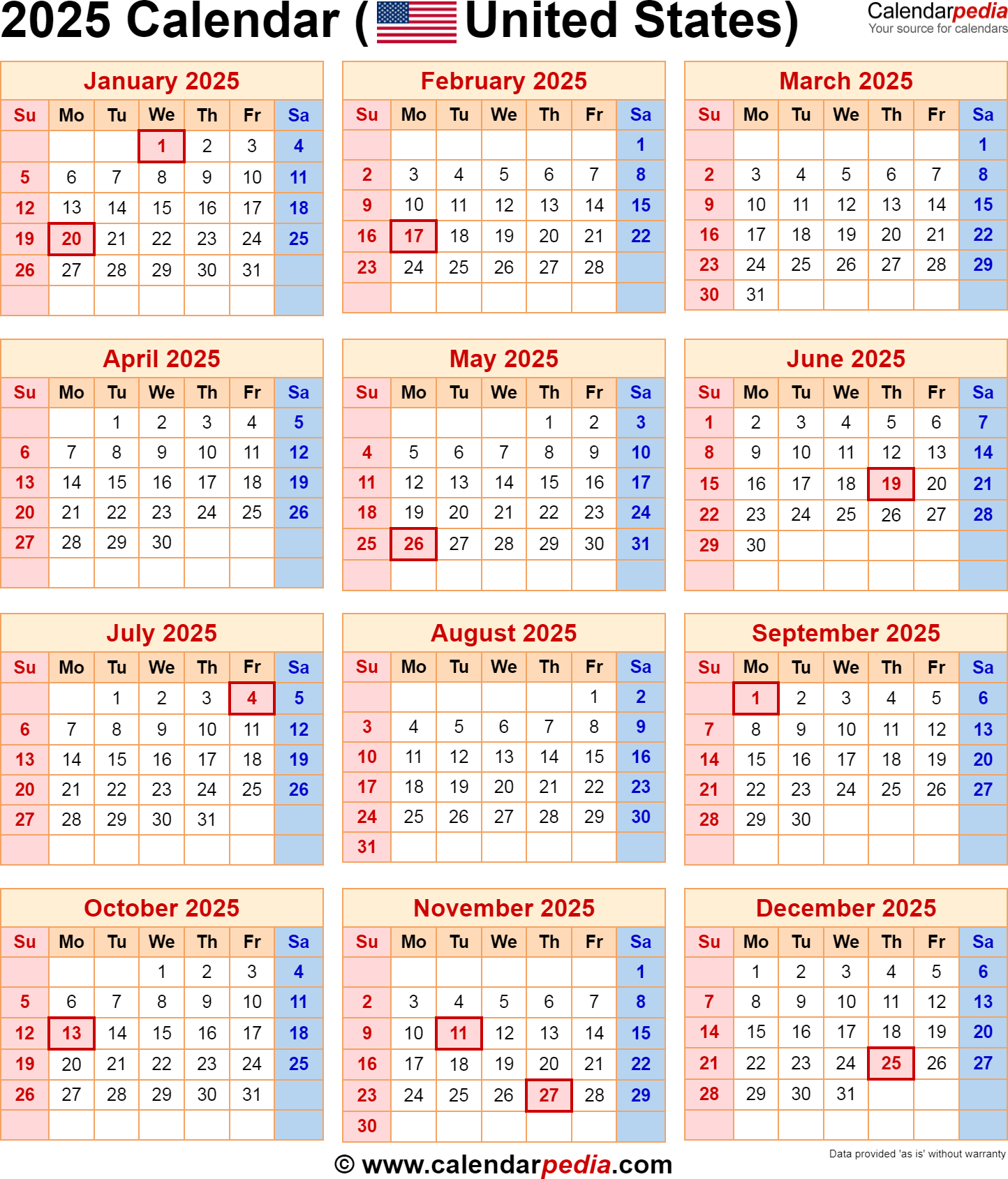 2025 Calendar With Federal Holidays for 2025 Calendar Printable With Federal Holidays