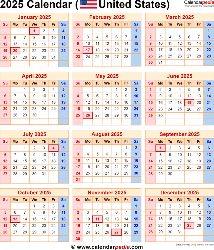 2025 Calendar with US Holidays Printable