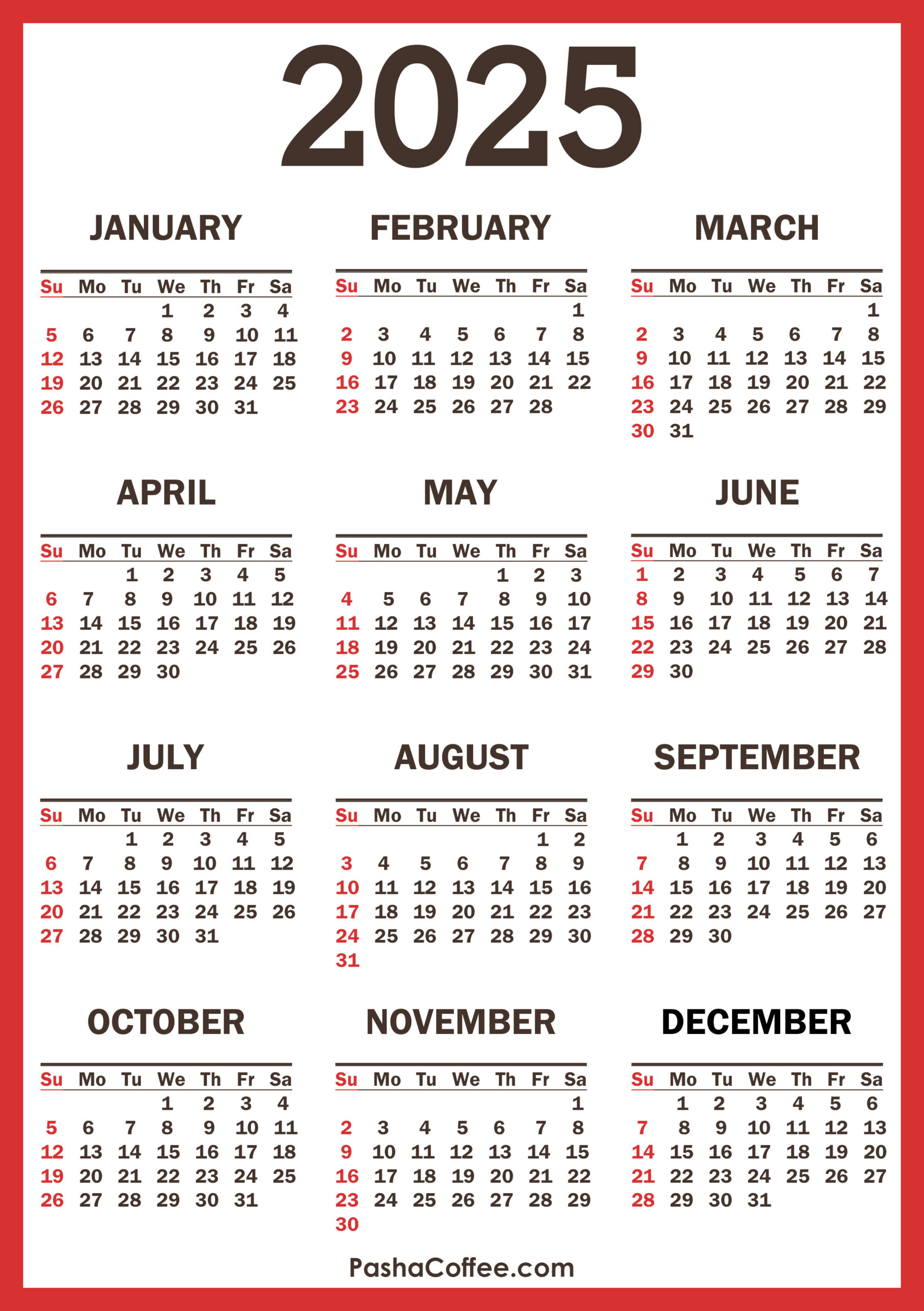 2025 Calendar With Holidays, Printable Free, Vertical, Red for Free Printable Calendar 2025 with Holidays Free Download