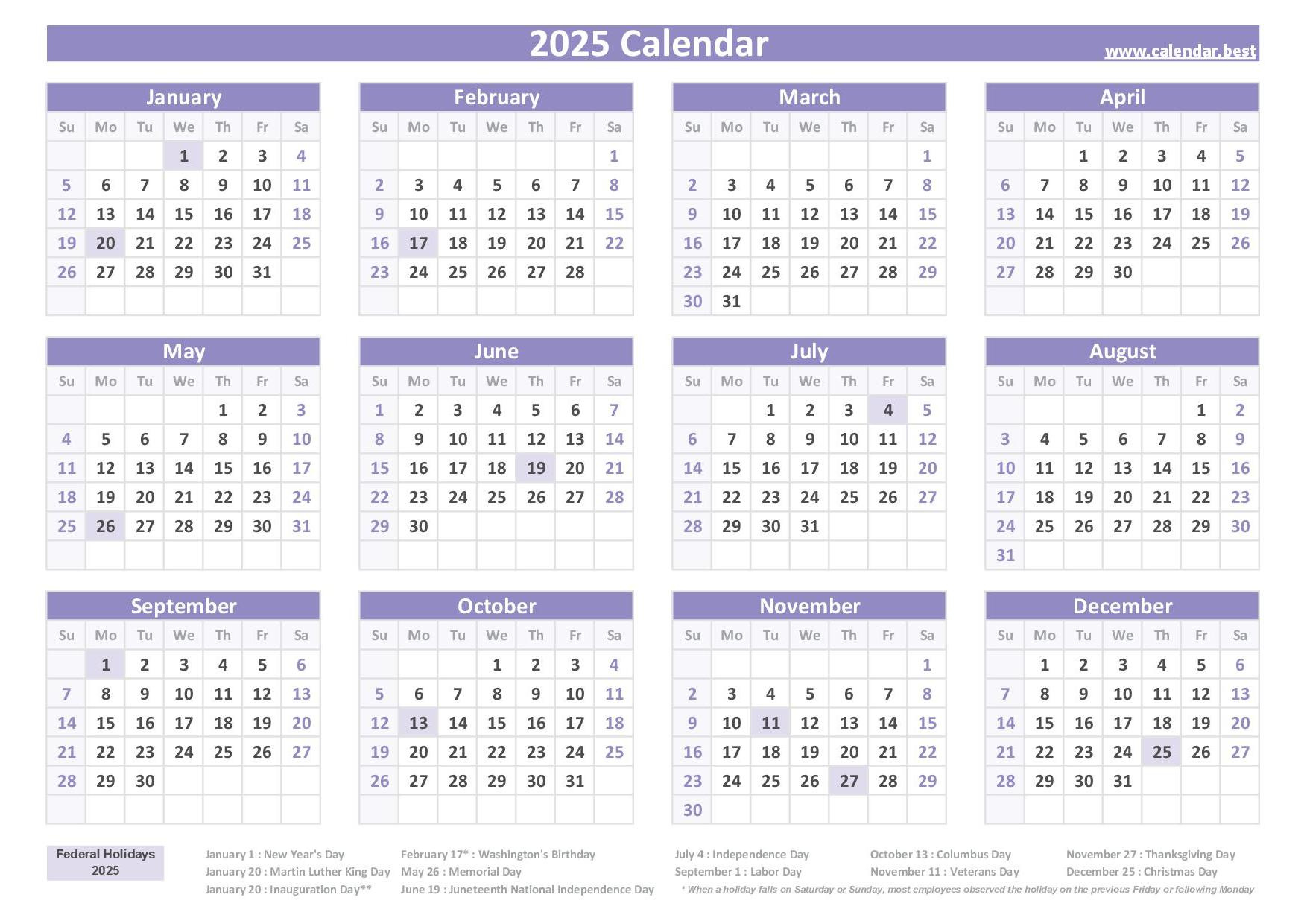 2025 Calendar With Holidays (Us Federal Holidays) for 2025 Calendar Printable With Holidays