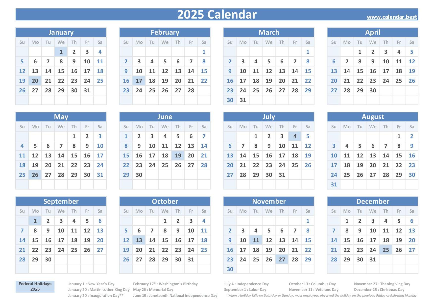 2025 Calendar With Holidays (Us Federal Holidays) for 2025 National Day Calendar Printable