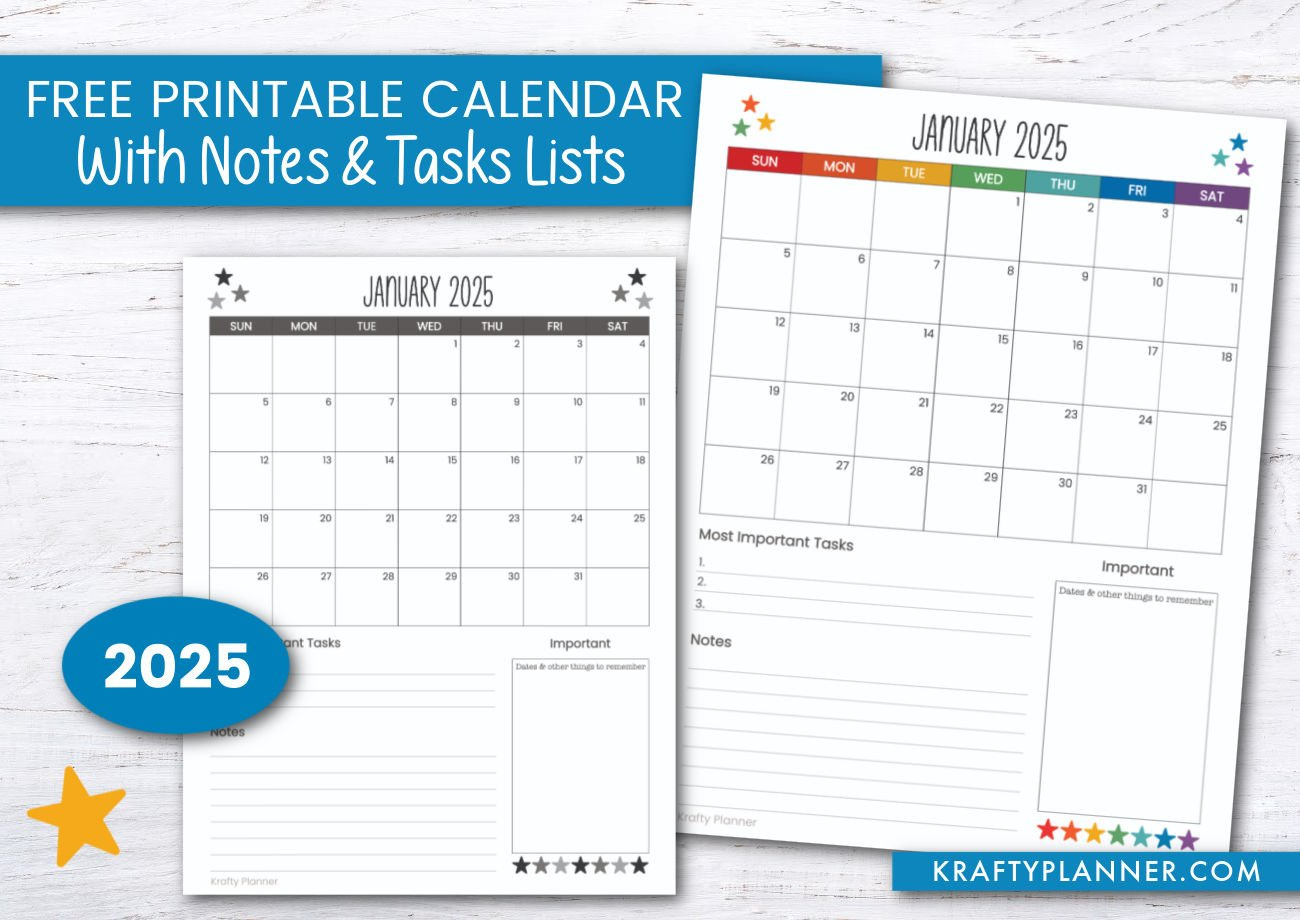 2025 Calendar With Notes And Task Lists — Krafty Planner for 2025 Calendar with Notes Printable