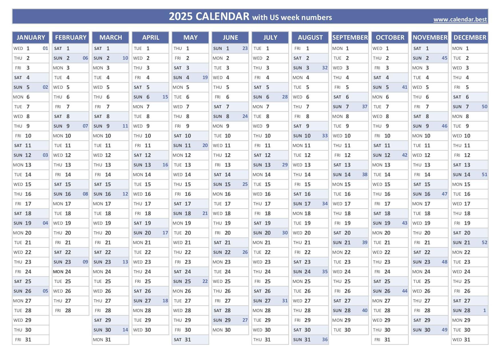 2025 Calendar With Week Numbers (Us And Iso Week Numbers) for 2025 Printable Calendar by Week