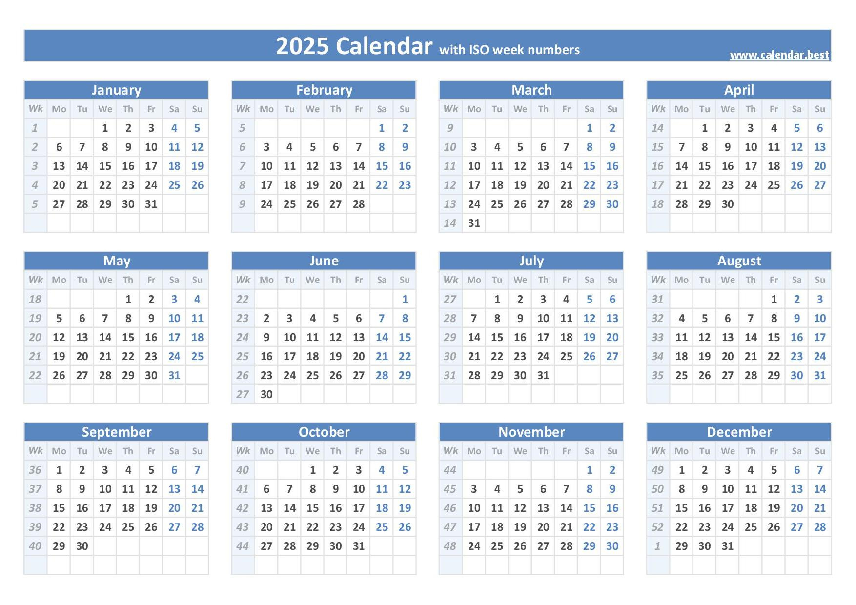 2025 Calendar With Week Numbers (Us And Iso Week Numbers) for 2025 Week Number Calendar Printable