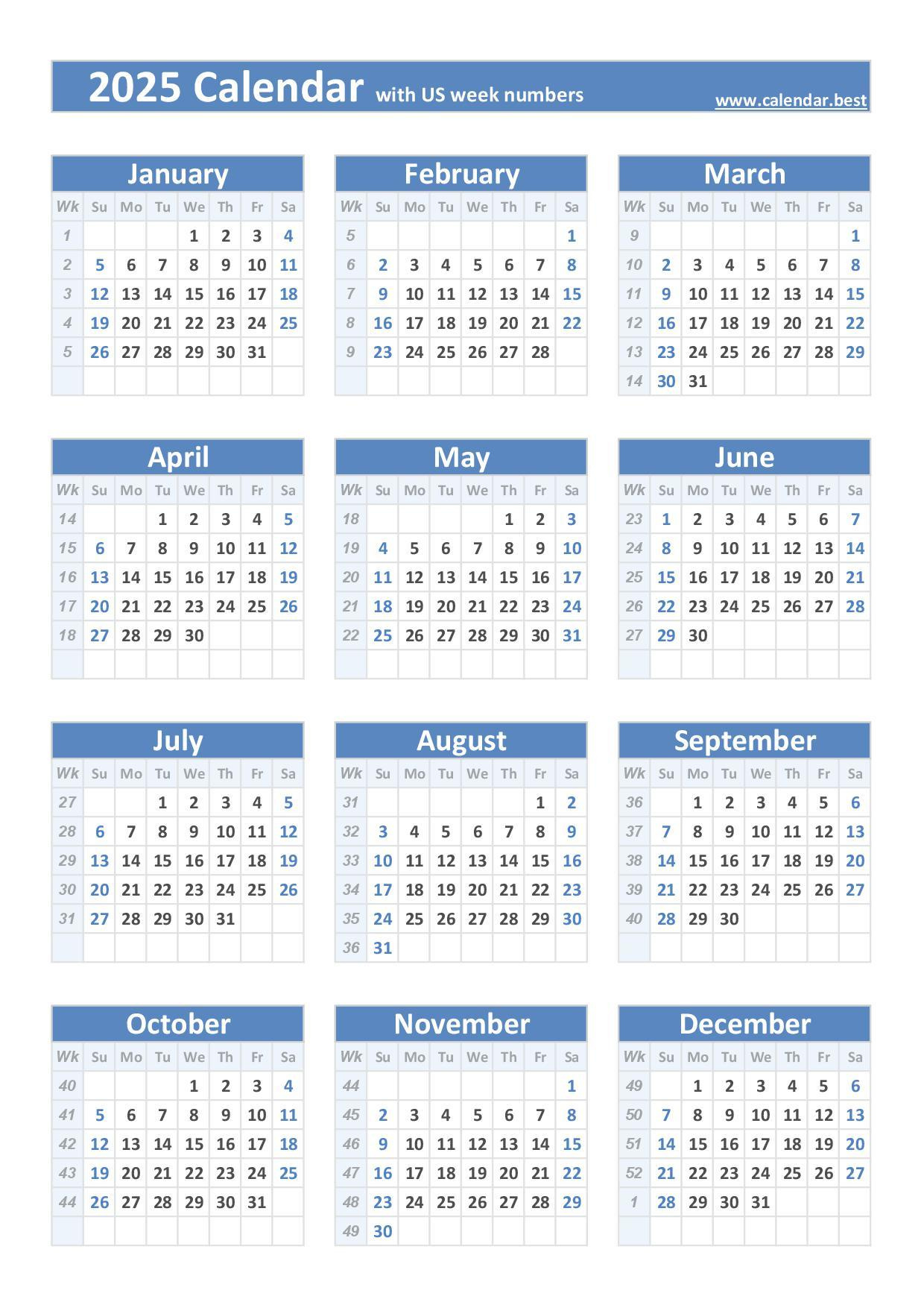 2025 Calendar With Week Numbers (Us And Iso Week Numbers) in Timeshare Calendar 2025 Printable