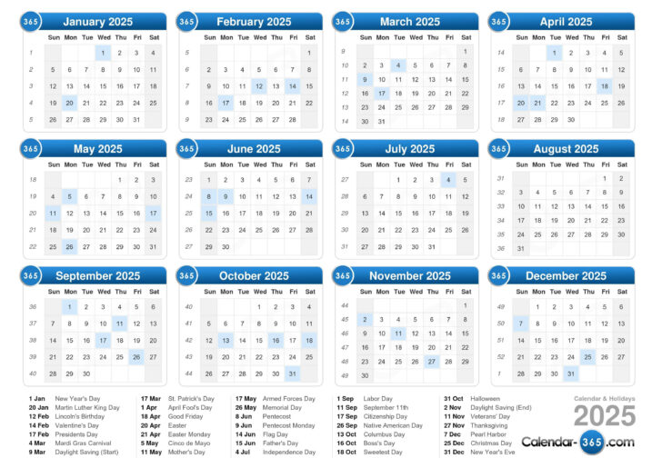 Weeks Calendar 2025 Printable