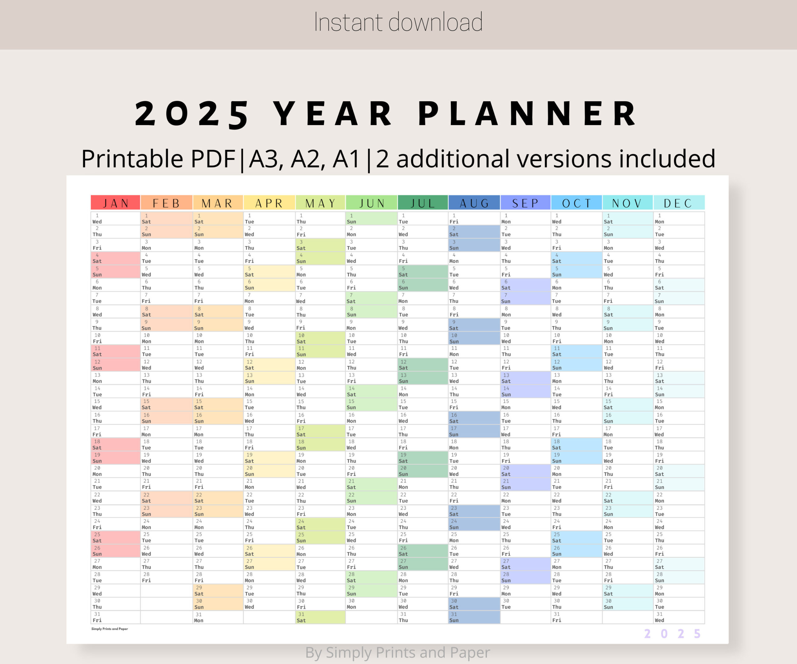 2025 Colorful Wall Calendar Printable Yearly Planner Large Wall inside 2025 Printable Wall Calendar