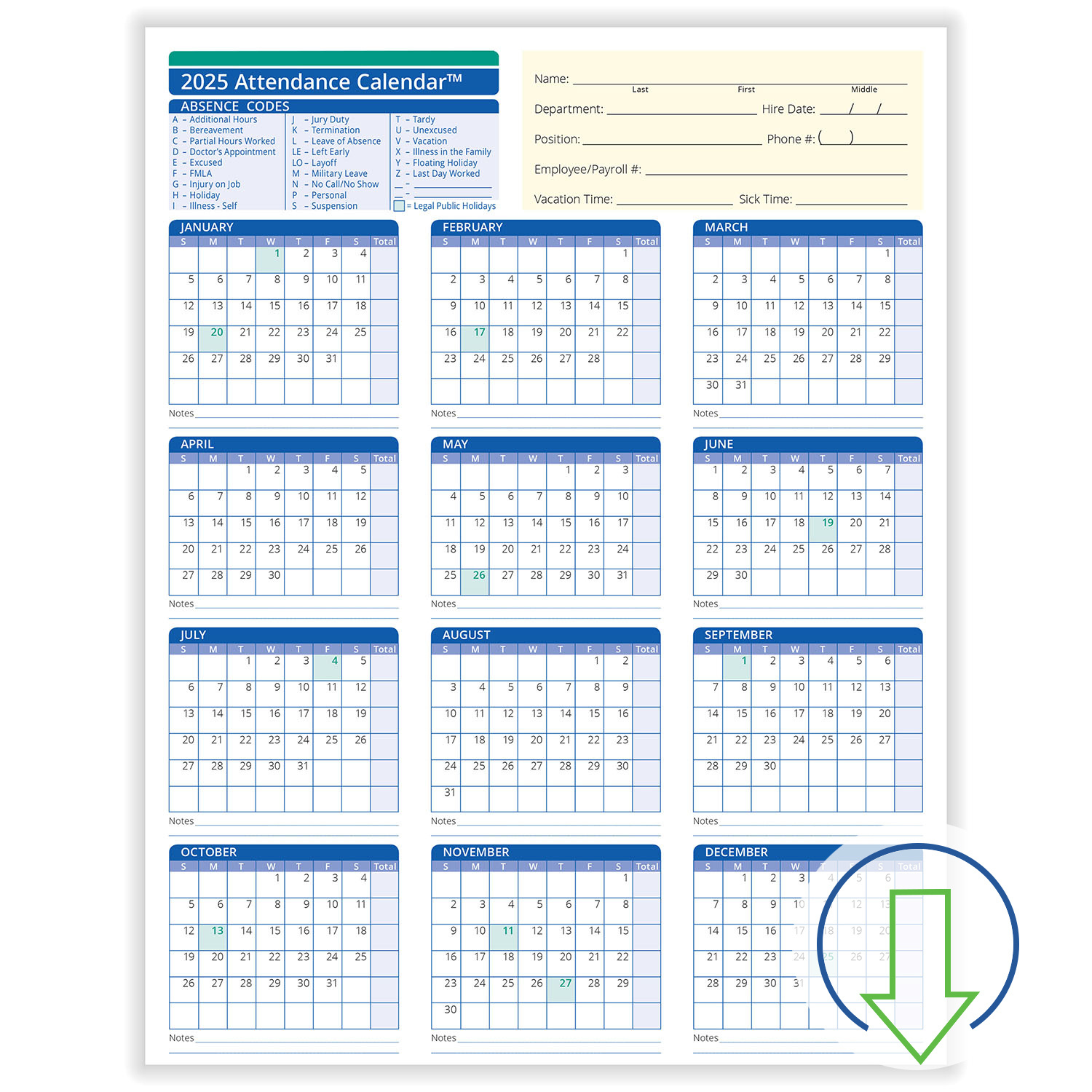 2025 Downloadable Employee Attendance Calendar | Hrdirect inside 2025 Attendance Calendar Printable Free Download